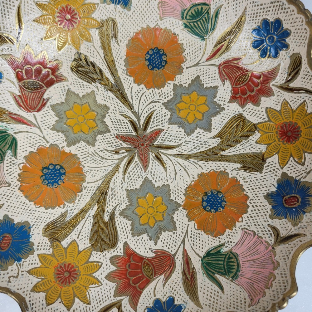 Hand Painted Brass Pedestal Bowl Trinket Floral Catch All Scalloped Rim Vintage - Picture 16 of 16